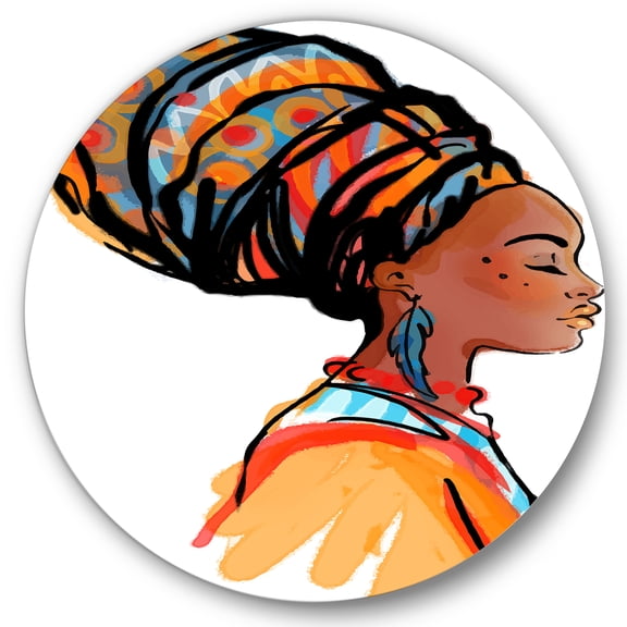 Designart 'Afro American Woman with Turban I' Modern Circle Metal Wall Art 36x36 - Disc of 36