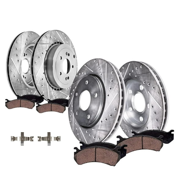 Detroit Axle - 8pc V6 Brake Kit for 2018-2022 Kia Stinger Genesis G70, 13.78" inch Front and 13.39" inch Rear Drilled and Slotted Disc Brake Rotors Ceramic Brakes Pads 2019 2020 2021 Replacement