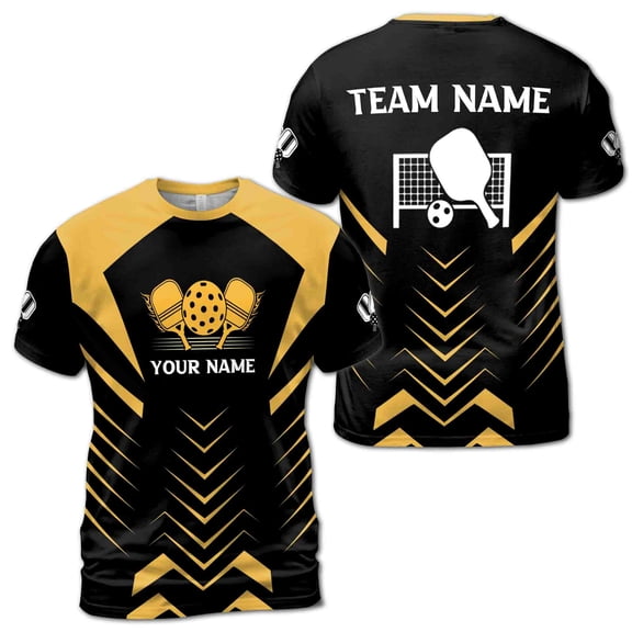 Custom Name Pickleball Team Name Paddle Ball Net Black Gold Men's T-shirt S-5XL
