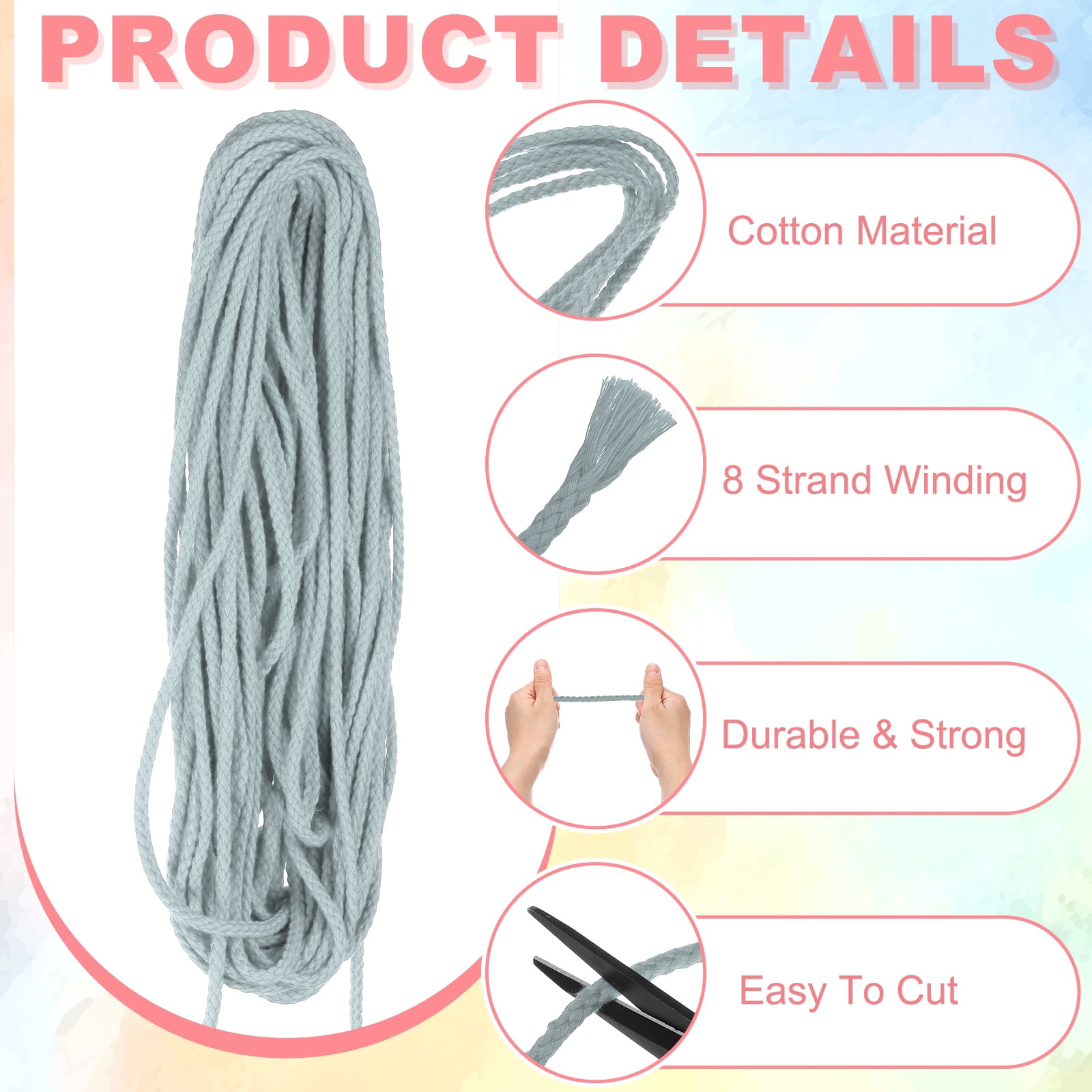 Braided Macrame Cord, 3/16" x 164ft 8 Strand Cotton Rope Braided String with Cord End Caps for Drawstring, Plant Hanger Wall Hanging, Dream Catcher Crafts, Blue Gray