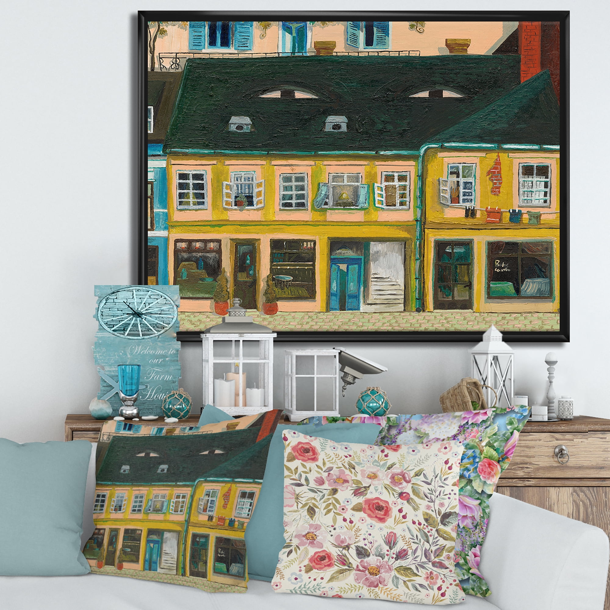 Designart 'Abstract Yellow Facade of Houses In Street In Paris' French Country Framed Canvas Wall Art Print