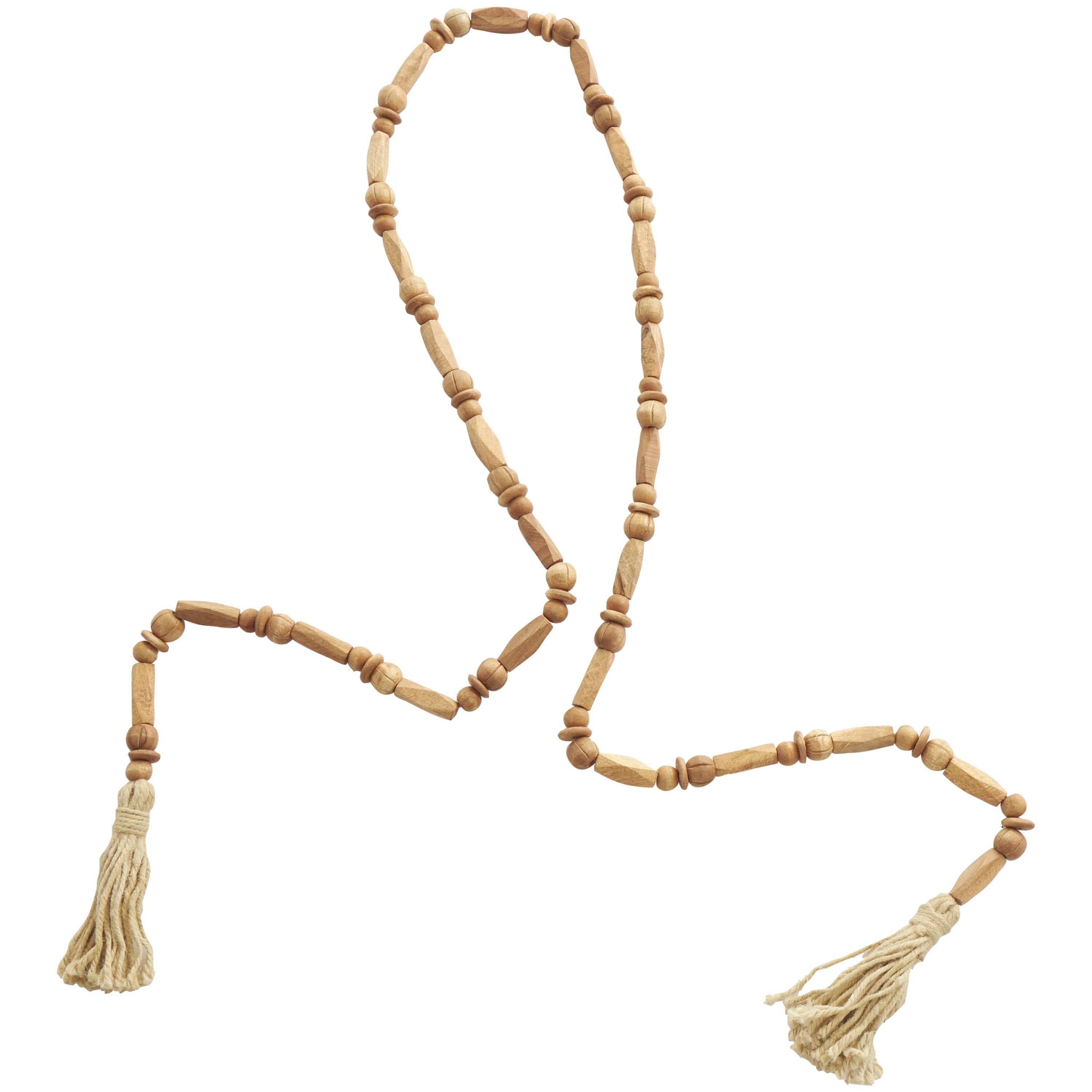 DecMode Handmade Rectangle Carved Geometric Long Beaded Brown Mango Wood Garland with Tassel