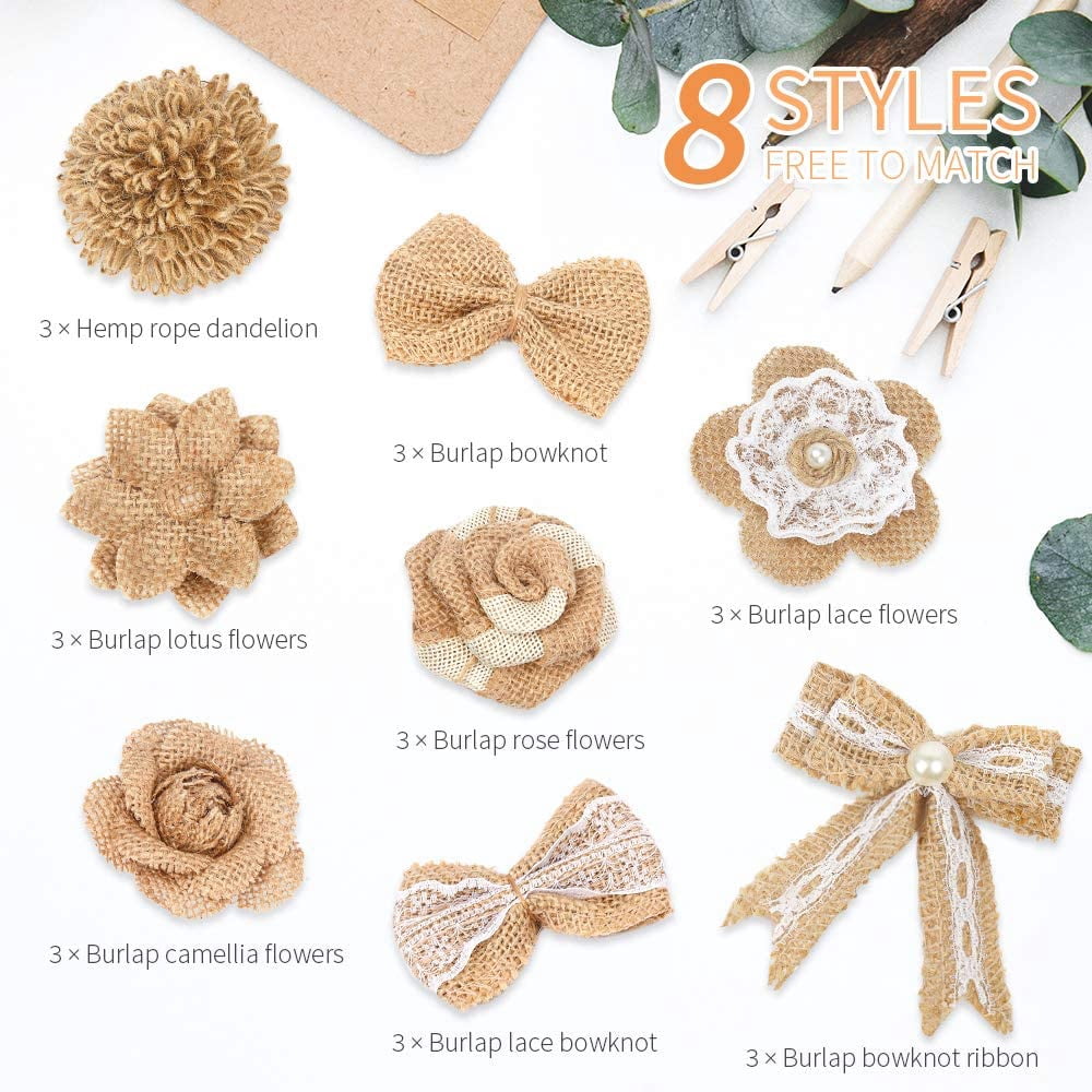 AMERTEER 24PCS Handmade Burlap Flowers Set, 8 Styles Natural Rustic Burlap Flowers Craft Burlap Lace Pearl Bowknot Great for Wedding Home Decoration Christmas Party DIY Craft Bouquets