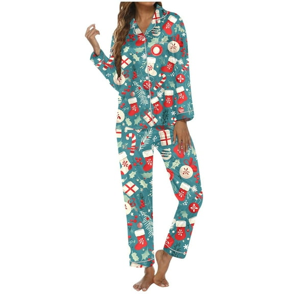 LINGLANG Pajamas For Women Set Christmas Print Long Sleeve Top With Lapel Comfy Pants Soft Wear Cozy Holiday Family Outfits Xmas Print Pjs Sleepwear Loungewear Nightwear Nightclothes Homewear