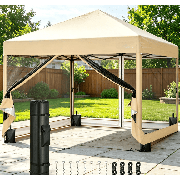 SPECSTAR 8'x 8' Easy Pop-Up Canopy with Mesh Netting, Instant Outdoor Screened tent with Mosquito Netting, 2 Zipper Doors and Roller Bag for Yard Camping Picnic Party Events, Beige