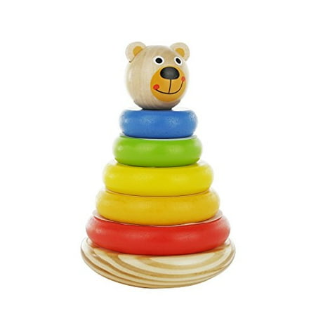Adorable Bear Wooden Ring Colorful Rainbow Stacker - Solid Wood Educational Baby Toy for Toddler Boys and Girls Age 6-12 Months  1 Year and Up - Classic Developmental Sorting and Stacking Toy