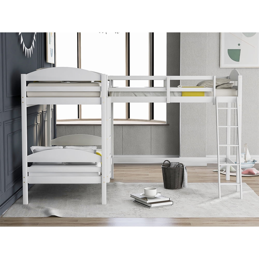 Twin Bunk Beds L-Shaped Bunk Bed and Loft Bed with Ladder and Guard for Teens Bedroom, White