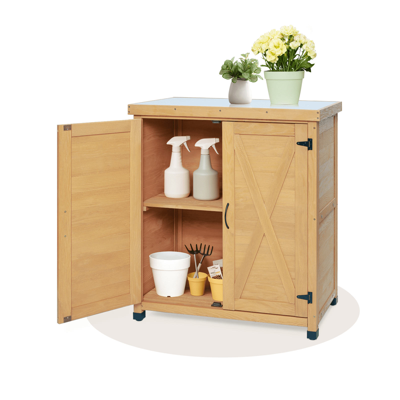 Potting Bench with Storage Cabinet, Metal Table Top for Outdoor Patio Outdoor Work Station, Gray