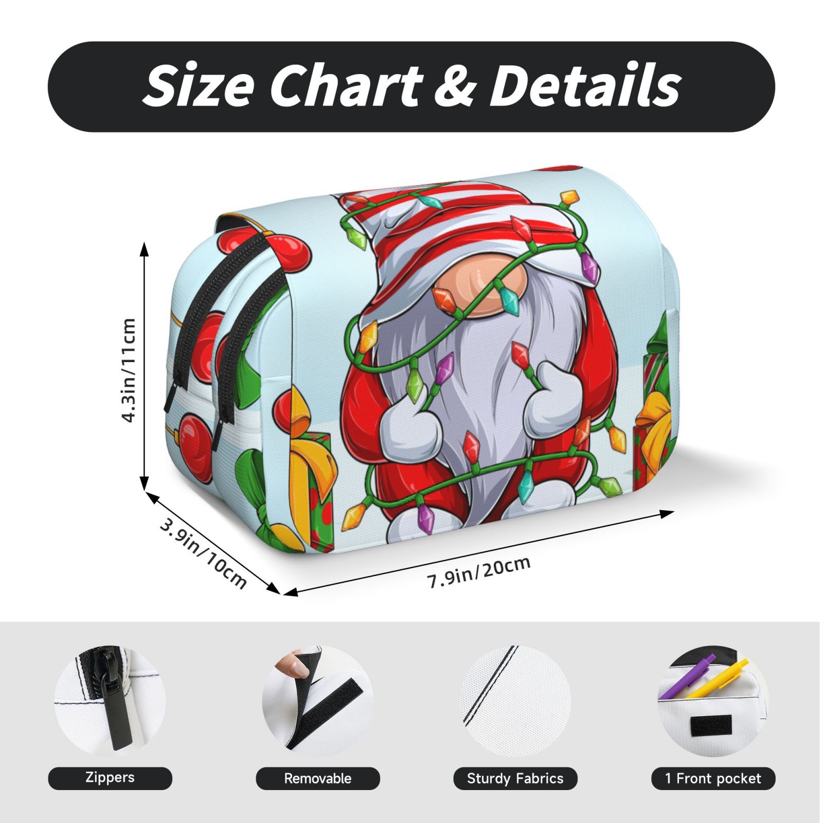 Rateoe Funny Christmas Gnome Pattern Double Clamshell Pen Case, Storage Organizer with Two Zipper Compartments– Holds Up to 50 Pencils & Pens