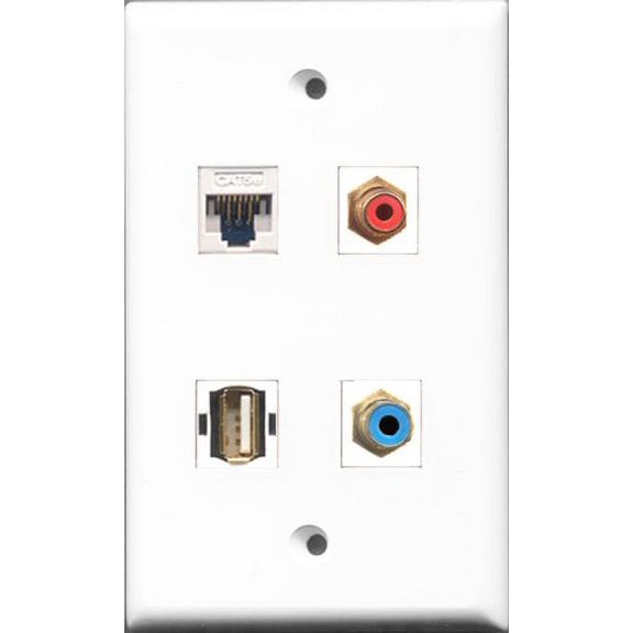 RiteAV 1 Port RCA Red and 1 Port RCA Blue and 1 Port USB A-A and 1 Port Cat5e Ethernet White Wall Plate