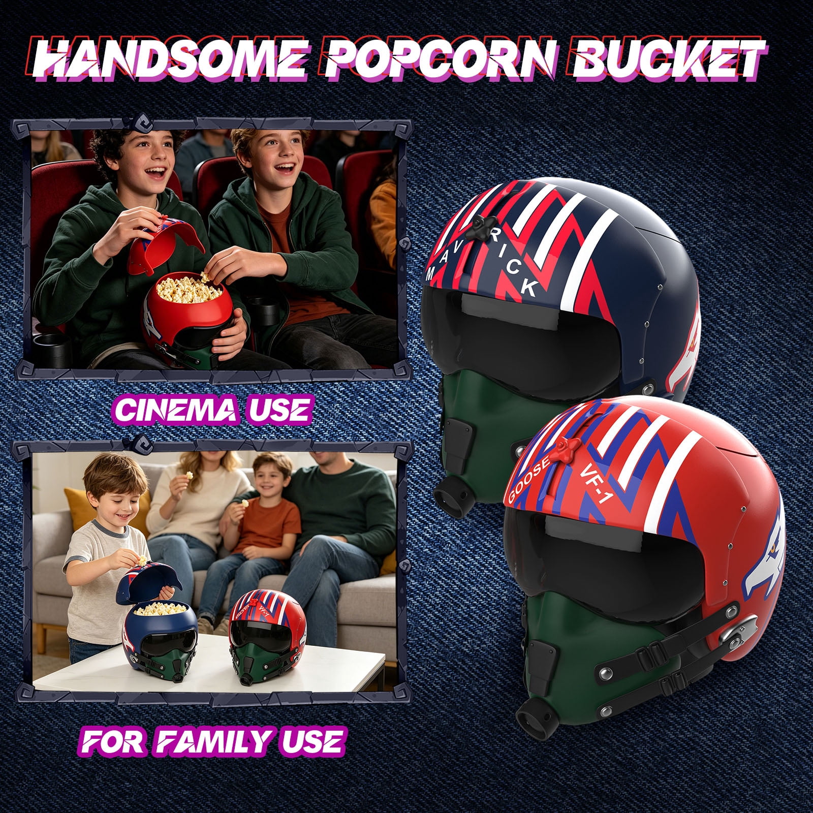 Maverick Helmet Popcorn Bucket, 40th Anniversary Commemorative Snack Container, Maverick Popcorn Buckets Authentic Pilot Design for Movie Theater Use Party Decor and Film Lovers