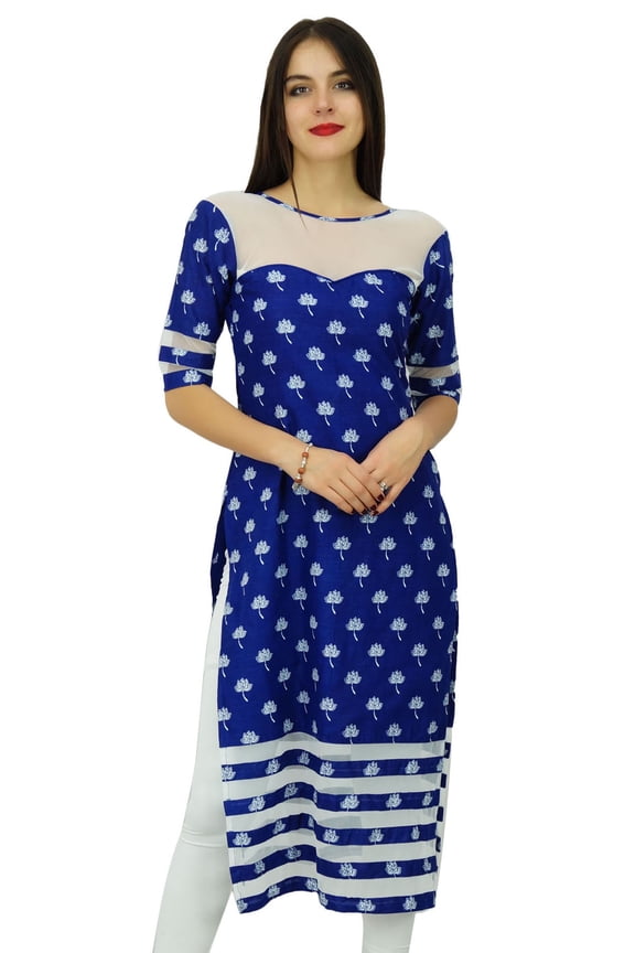 Womens Designer Blue Cotton Kurta Long Straight Kurti Classic Chic Indian Clothing