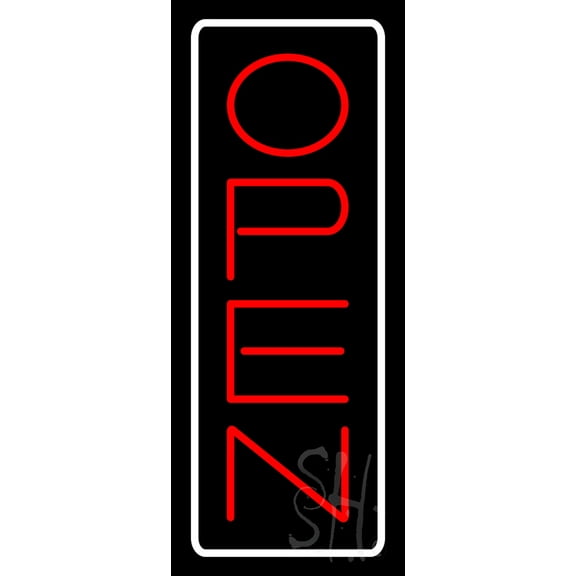 Open - Vertical Red Letters with White Border LED Neon Sign 13 x 32 - inches, Clear Edge Cut Acrylic Backing, with Dimmer - Bright and Premium built indoor LED Neon Sign for storefront.