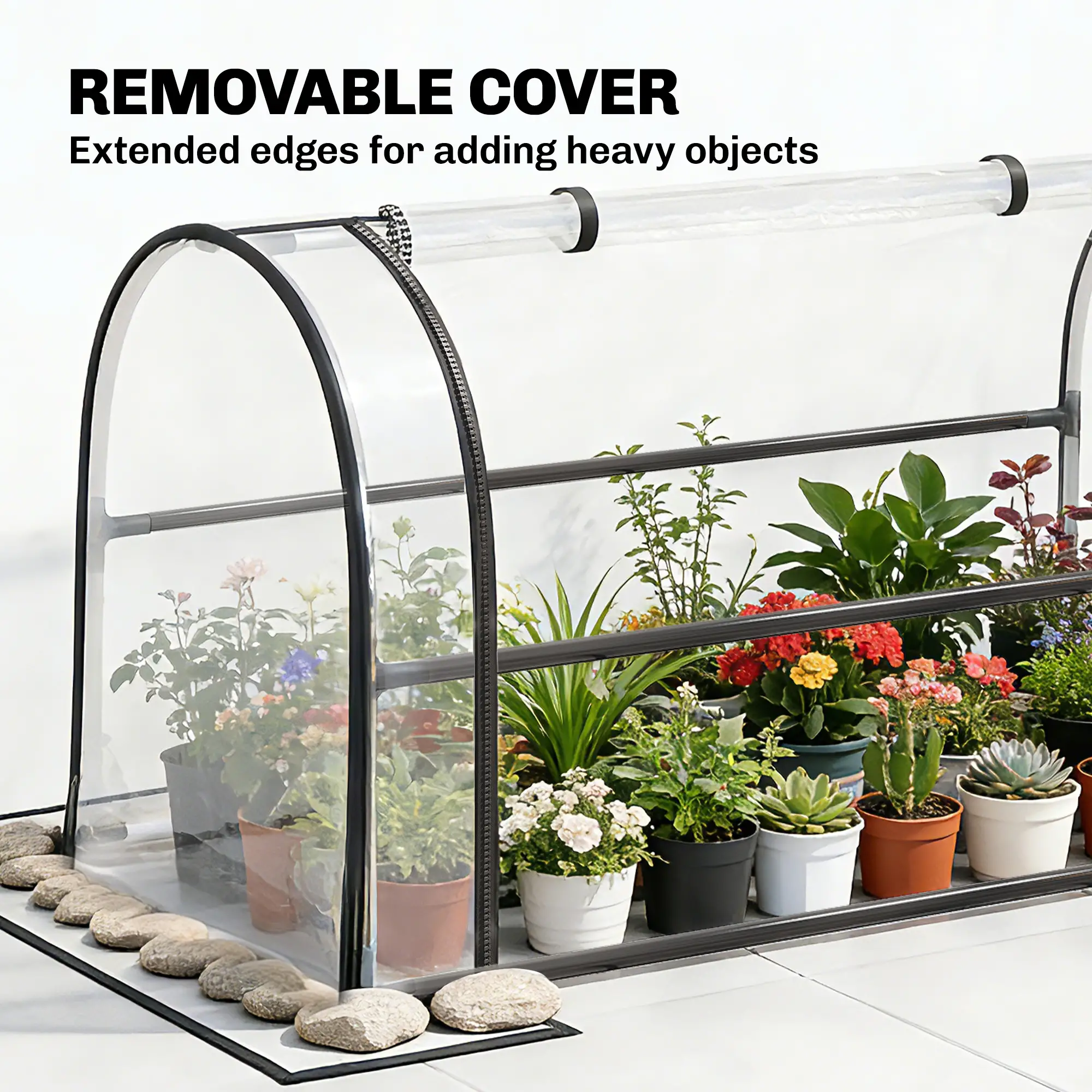 2-in-1 Raised Garden Bed with Mini Greenhouse Cover, Elevated Planter Box with Flip-Up Zippered Door, 0.6mm Rustproof Metal, Drainage Hole, 176lbs Capacity for Outdoor Plants