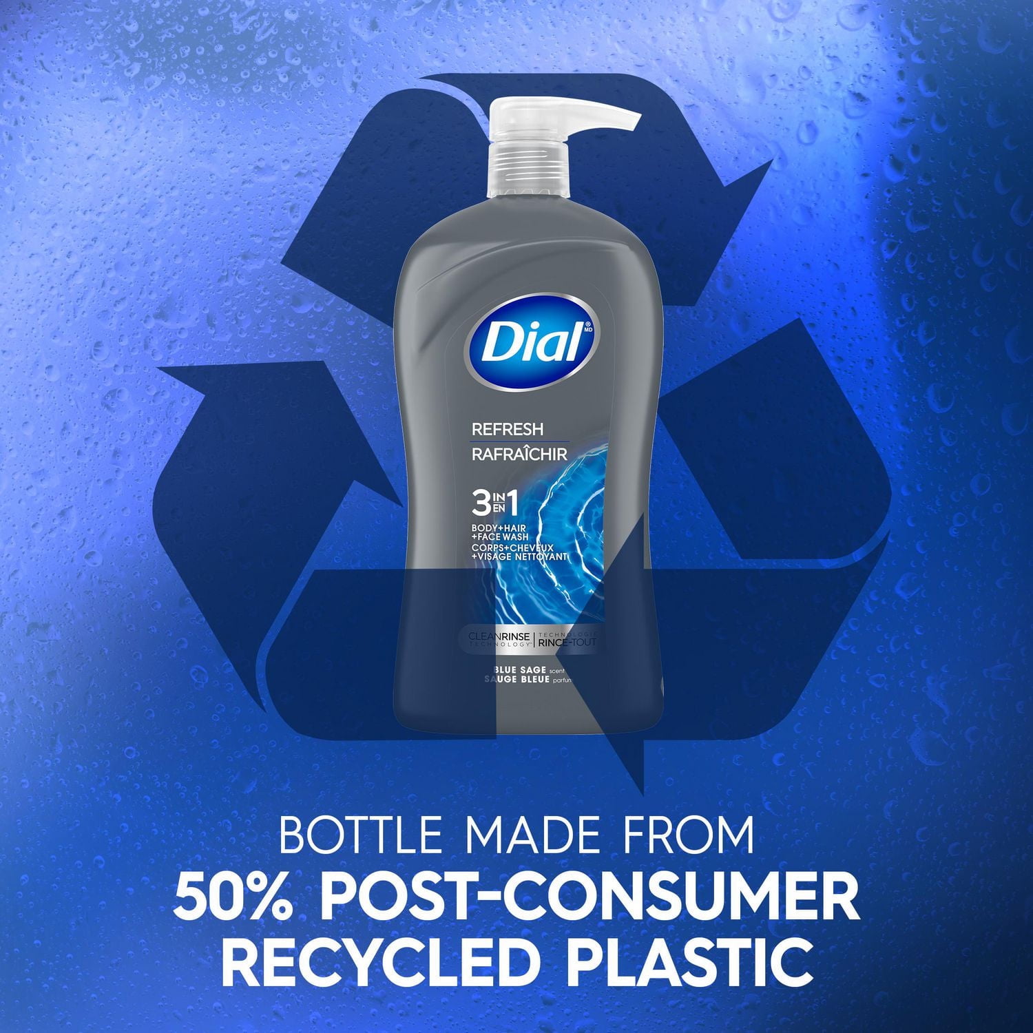 Dial Men 3in1, Body, Wash, Hair Wash, Face Wash, Blue Sage Scent, 473ml, Dermatologist Tested, Free from Silicones, Parabens, Phthalates, 1 bottle, 946mL