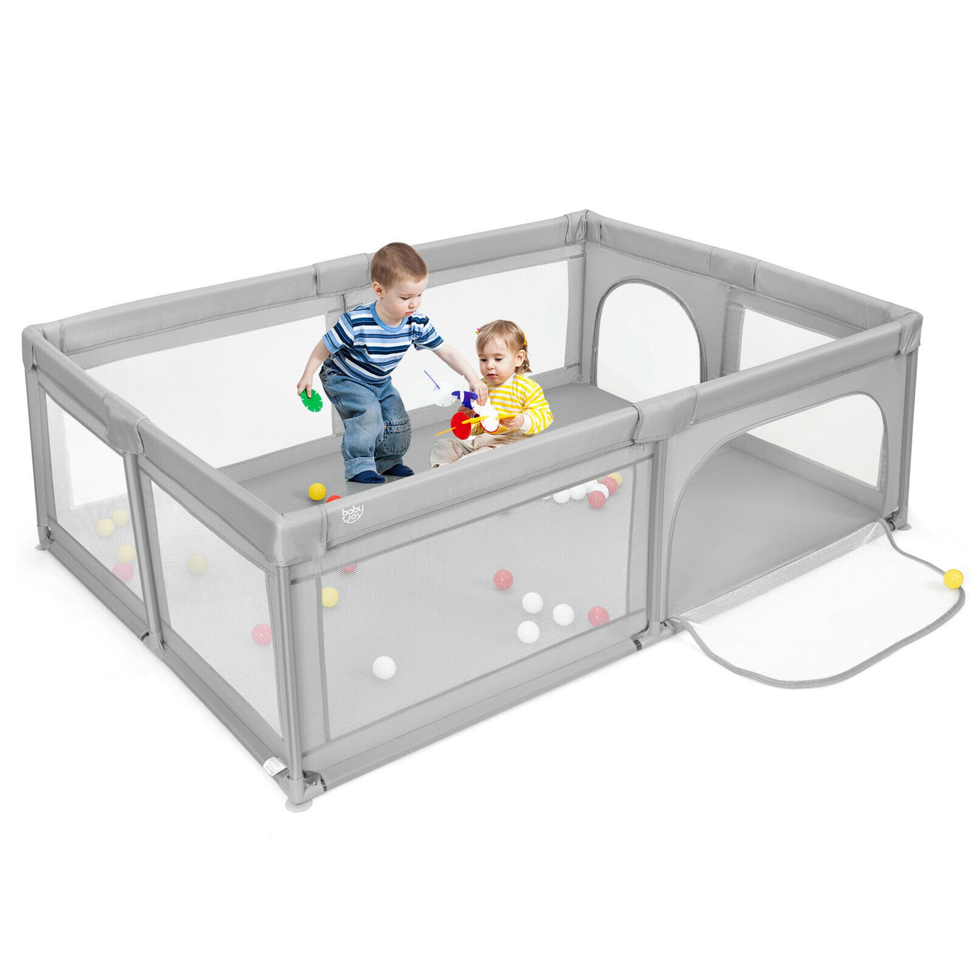 Gymax Baby Playpen ExtraLarge Safety Baby Fence w/50 Ocean Balls Gray