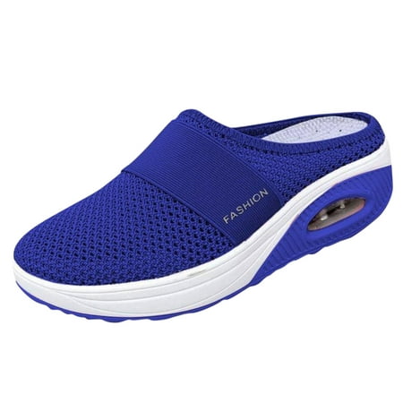 iOPQO Women's casual shoes Air Cushion Slip-On Orthopedic Diabetic Walking Shoes With Arch Support Knit Casual Comfort Outdoor Walking Casual Shoes Mesh Toe Half Blue 37