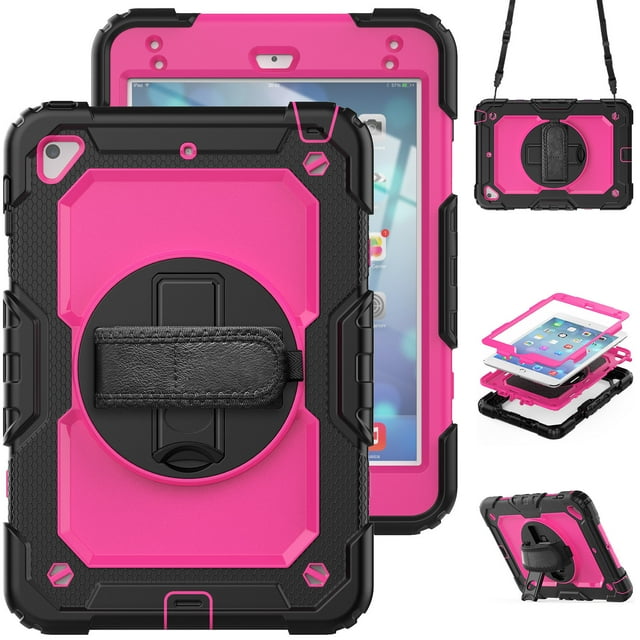 Case for iPad Mini 5 2019/Mini 4 2015 (5th/4th Generation 7.9 inch) with Screen Protector, 360 Degree Rotating Kickstand Hand Strap Shockproof Cover with Shoulder Strap, Rose PC