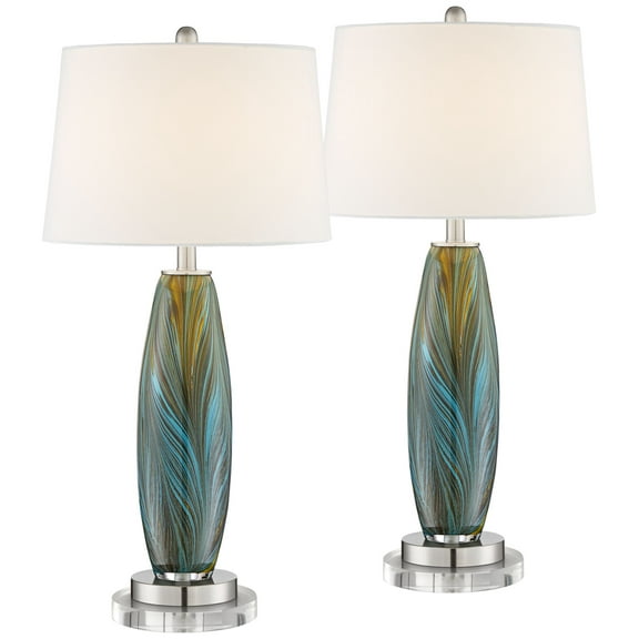 360 Lighting Azure Modern Table Lamps Set of 2 with Round Riser 30 1/2" Tall Blue Brown Art Glass White Fabric Drum Shade for Bedroom Living Room Home