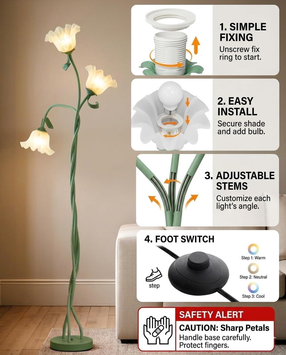 Flower Floor Lamp - Retirement Gift for Woman, LED Standing Lamp for Living Room 3 Color Modes Flexible Gooseneck Corner Light with LED Bulb for Home Bedroom Office Decor (Green)