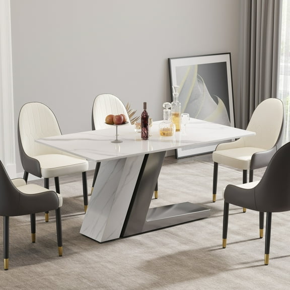 Magic Home 63" Light Luxury Sintered Stone Dining Table,Slate Rectangular Tabletop with Stainless Steel Base,Dining Table for 6 Person for Dining Room,White Tabletop with L-shaped Gray Base