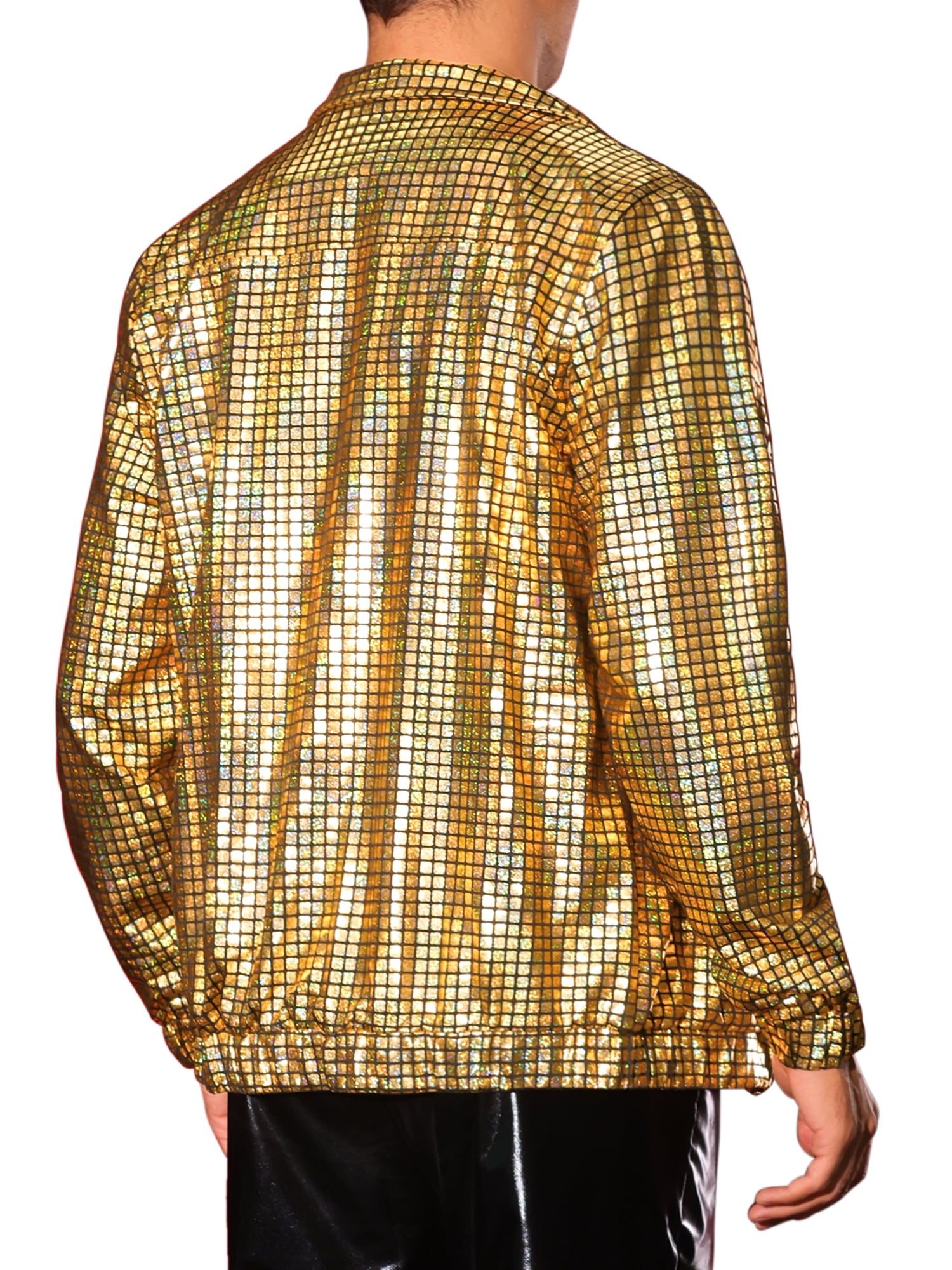 INSPIRE CHIC Holographic Jacket for Men's Metallic Long Sleeve Stand Collar Party Disco Shiny Jackets L Golden