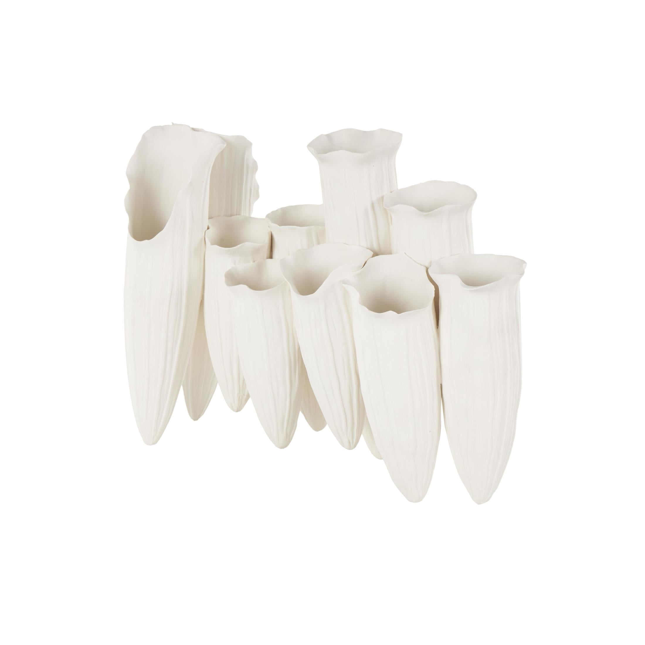 DecMode 11" Abstract Floral Inspired White Ceramic Vase with Linear Grooves and 10 Openings