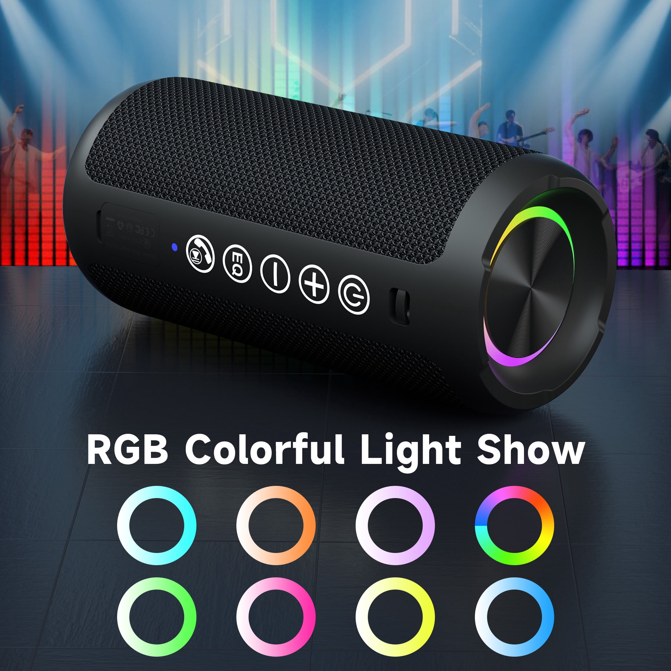 Solorage Portable Bluetooth Speaker IPX7 Waterproof, 24W Loud Sound, Deep Bass, Bluetooth 5.3, 30H Playtime, Wireless Stereo Pairing, LED Lights, for Home/Beach/Party/Outdoors-Black
