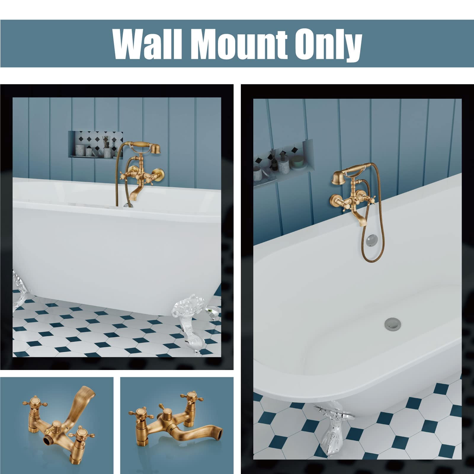 Wall Mount Bathtub Faucet Antique Brass Cross Handle with Handheld Sprayer