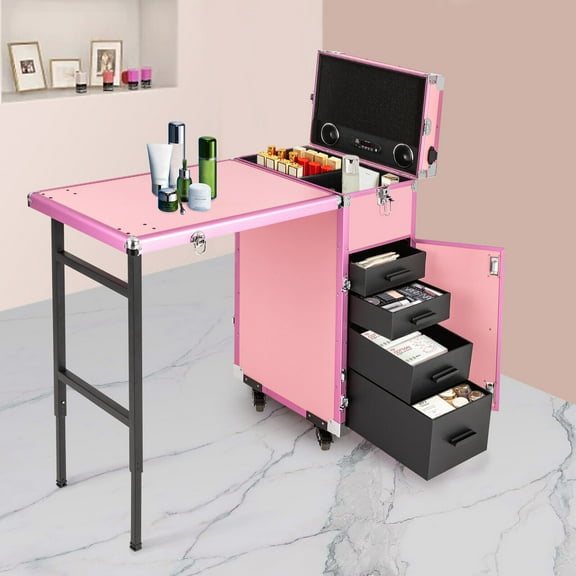 Rolling Manicure Desk Makeup Train Case, Pink Travel Cosmetic Trolley, Storage Organizer With Remote Control