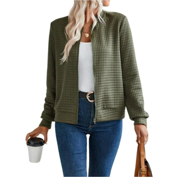 Womens Waffle Casual Zip Up Cardigan Jacket Long Sleeve Sweatshirt Lightweight Fall Fashion Loose Outwear Top