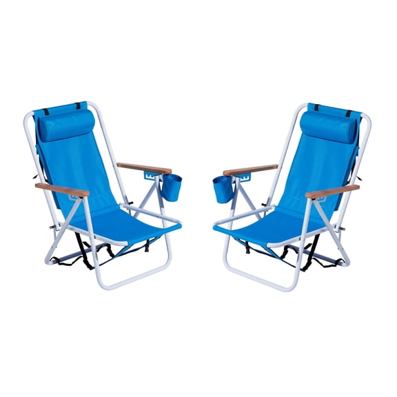2-Pack Folding Beach Chairs for Adults, 4-Position Reclining Backpack Chair w/Headrest, Cup Holder & Wood Armrests, Blue