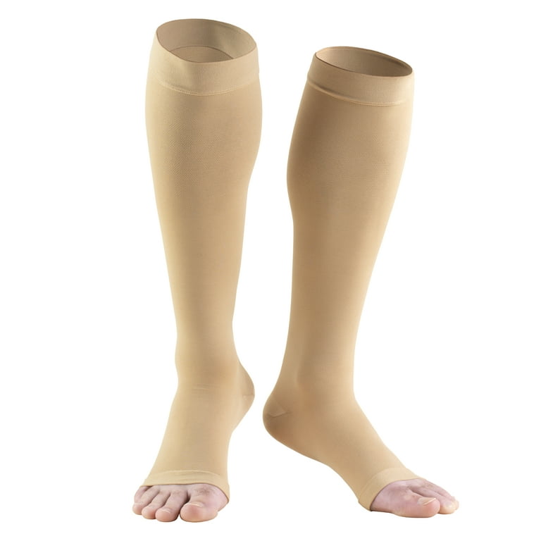 Firm Strength 20-30 mmHg Compression Socks, Unisex, Knee High, Open Toe,  Beige, Medium 
