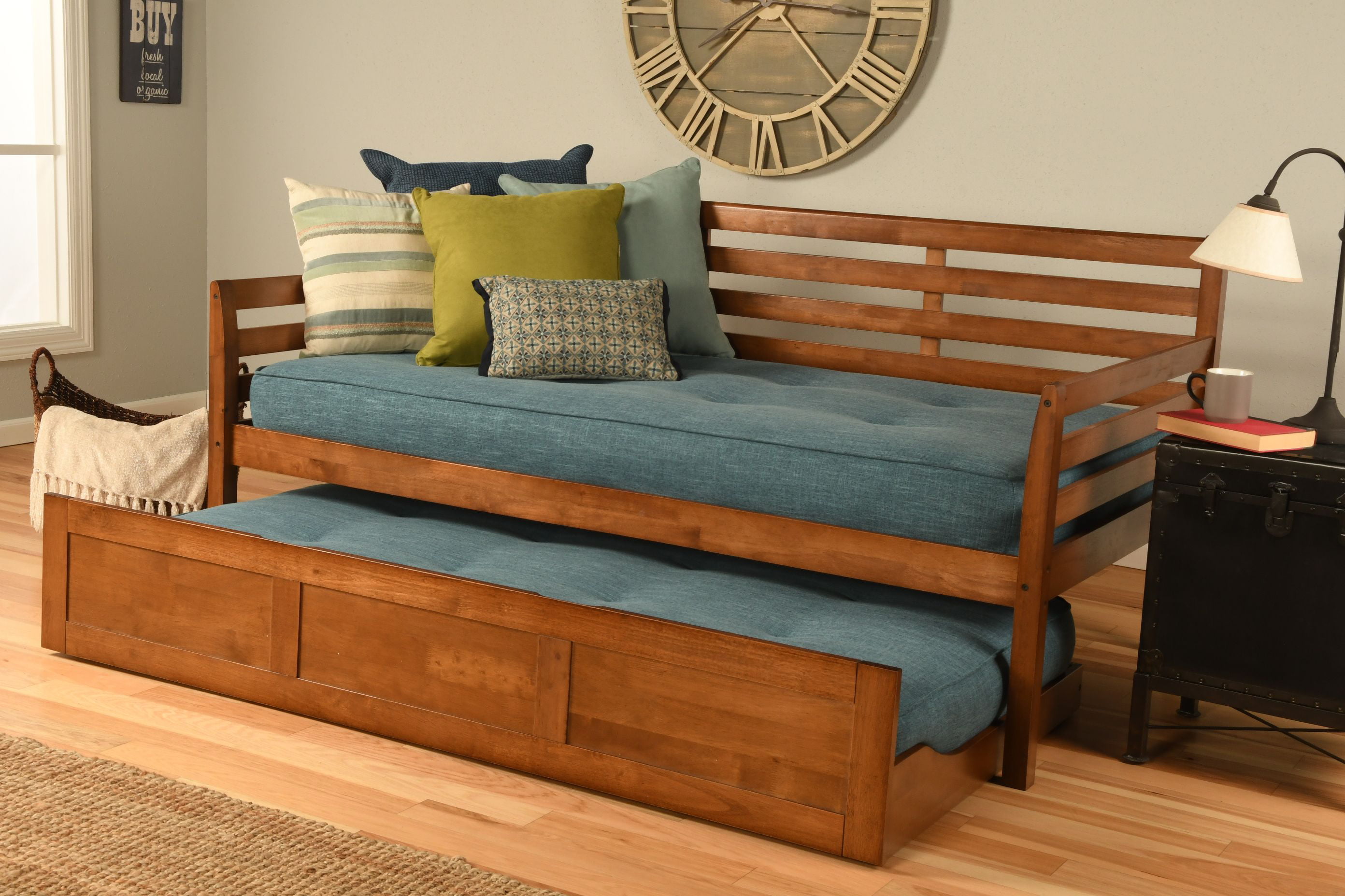 wooden day bed with mattress