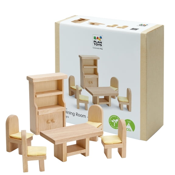 PlanToys® Dining Room Classic Set | Montessori Small World and Family Role Play | Eco Friendly Wooden Dining Room Furniture for Imaginative Play