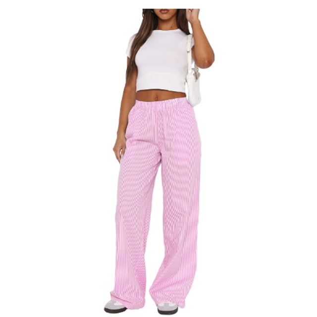 Pantalones informales con estampado de rayas para mujer, pantalón largo recto con cordón, cintura elástica, holgado, con bolsillos, ropa de calle con bolsillo, Y2K