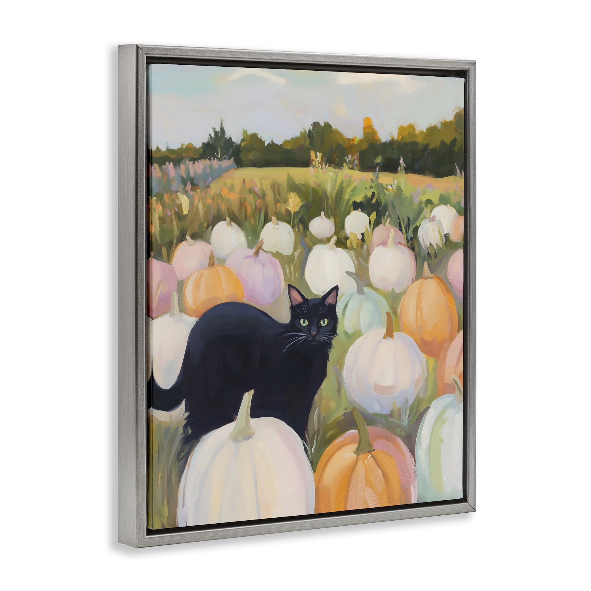 Stupell Industries Kitten & Pumpkins in Field Gray Framed Floater Canvas Wall Art, design by The Prints Vibe