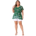 thumbnail image 3 of DARING DIVA Women's Plus V Neck Short Sleeve Casual Floral Blouse 1X Green, 3 of 6