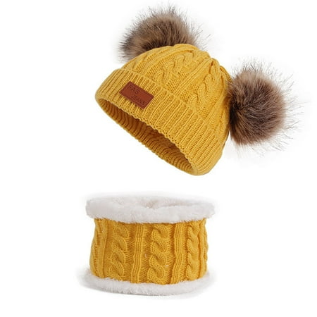 

Baby Hats Infant Toddler Winter Hat Scarf Set For Baby Girl Boy Knitted Warm Fleece Lined Skiing Caps Lovely Pompom Kids Beanie Baby Bonnets 0-6 Months Baby Hats Newborn(Color:Yellow Size:One Size)