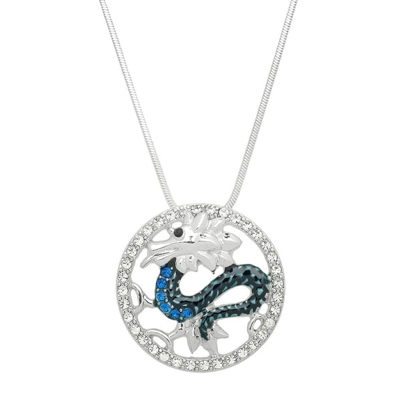 Chinese Dragon Pendant Necklace Rhinestone Crystal Rhodium Plated 17 Inch Snake Chain J0627