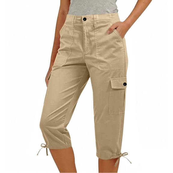 ClodeEU Women's Bow Leg Drawstring Cargo Capri Pants ,Casual Outdoor Hiking Pants with Pockets Khaki,Womens Plus XL