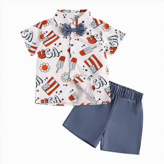 Toddler Boys Short Set Independence Day 4th Of July Prints T Shirt Tops Shorts Child Kids Gentleman Outfits