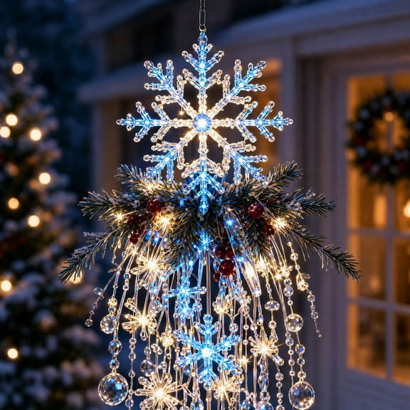 CASAVYNE Hanging Christmas Snowflake Waterfall Light with LED, Festive Porch and Front Door Decoration for Winter Holiday Display