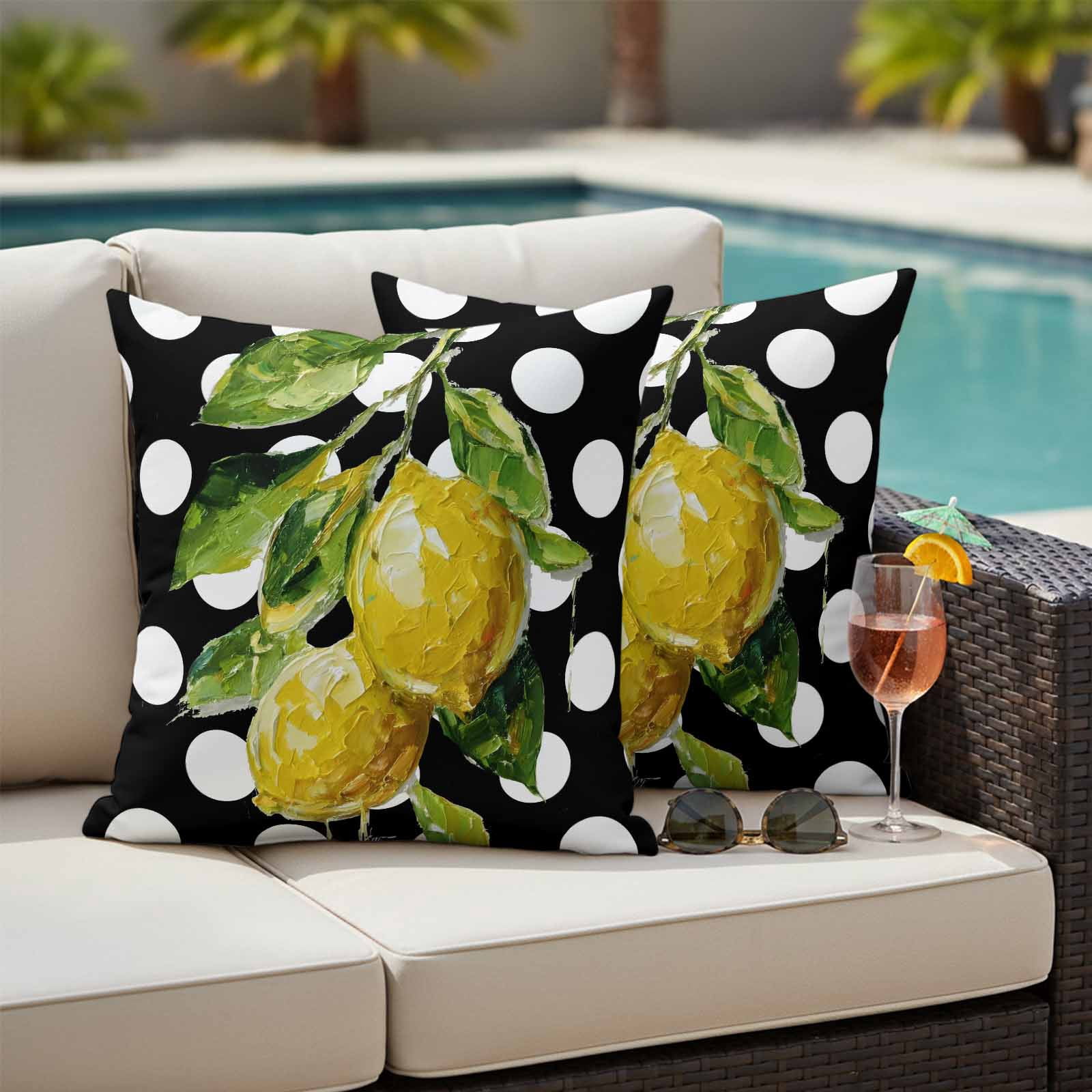 Outdoor Pillow Covers Farmhouse Yellow Lemon Green Leaf Waterproof Pillow Cases 16x16 Set of 2, Black White Polka Dot Throw Pillow Cover Pillowcase for Patio Balcony Couch Garden