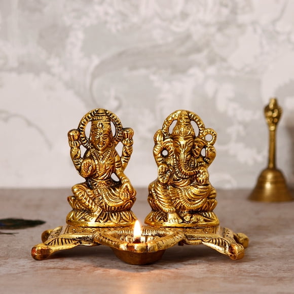 Golden Goddess Laxmi With Lord Ganesha Idol With Decorative Diya Metal Showpiece