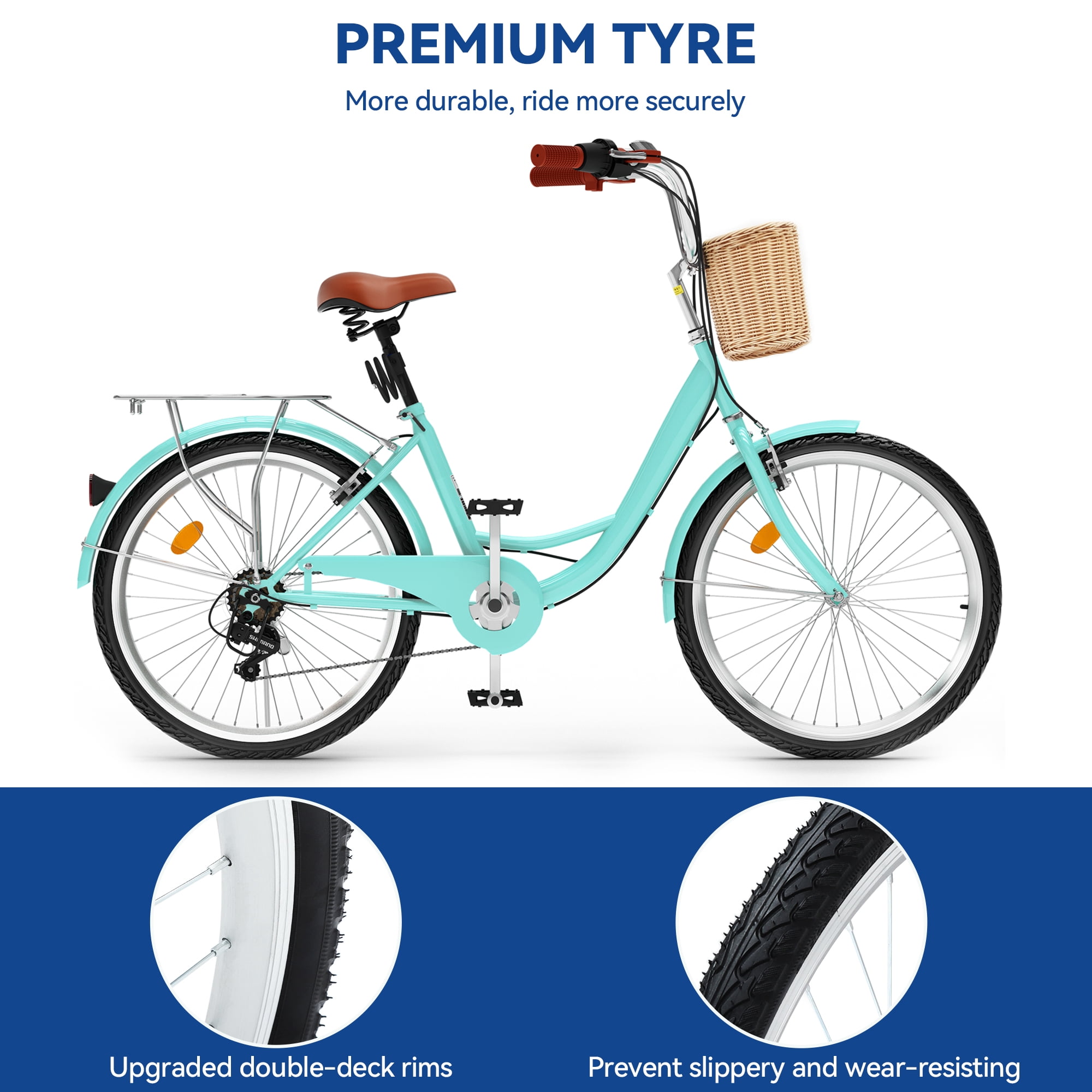 Uforic 26" Beach Cruiser Bike for Adults – 7 Speed, Adjustable Seat in Mint Green