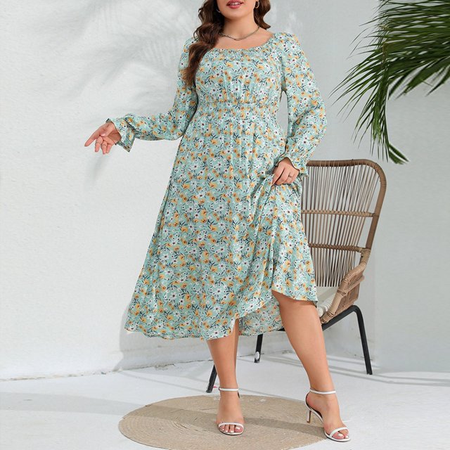 WILLBEST Vestidos Floreados Para Mujer Vestido Casual De Primavera Para Mujer, Vestido De Manga Larga De Talla Grande, Falda Elegante Con Cintura Elástica Y Estampado Floral, Falda Con Mangas