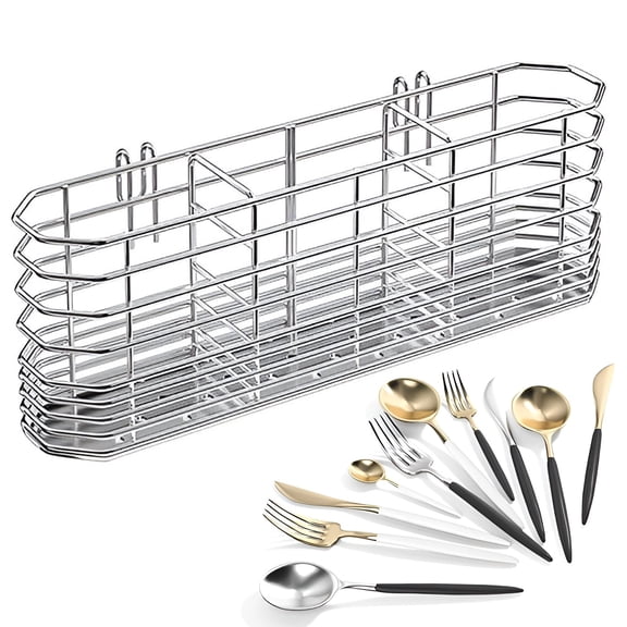 304 Stainless Steel Utensil Holder, Wall Mounted Cutlery Organizer Basket with Drainage Design, Hanging Silverware Caddy for Spoons, Forks, Knives and Chopsticks