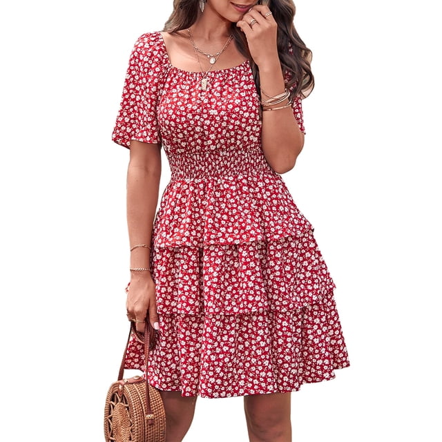 Vestido PRETTYGARDEN 2025 Floral de Verano con Escote Cuadrado Rojo Talla S
