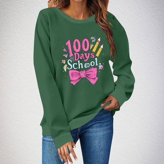 Uootdi 100 Days of School Long Sleeve Shirts for Women Womens Teacher Graphic Tops Happy 100 Days of School Sweatshirt Gift